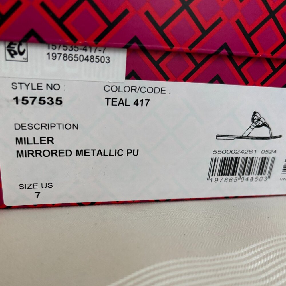 Tory Burch Miller Mirrored Metallic Sandal- Teal Color - Picture 6 of 11